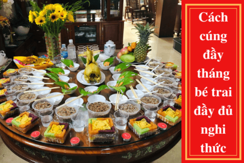 Hình ảnh mâm cúng đầy tháng bé gái hiện đại với cách bày trí tinh tế và lễ vật tối giản nhưng vẫn đầy đủ